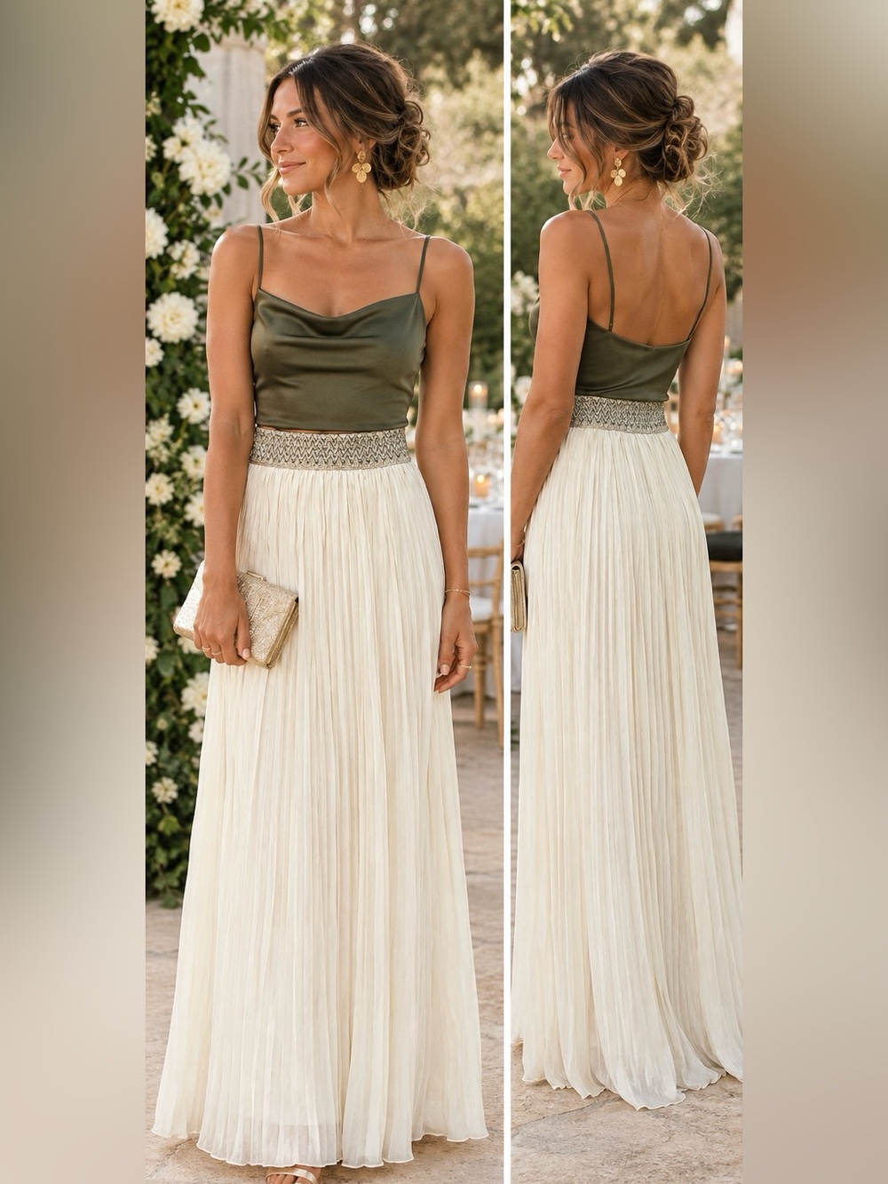 Ivory Pleated Flowy Maxi Skirt with Embellished Waistband | Wedding Guest
